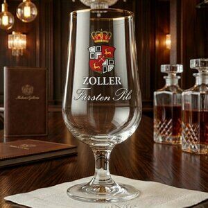 RARE NOS Zoller Fürsten Pils 7" German Beer Glass Gold Rim HTF